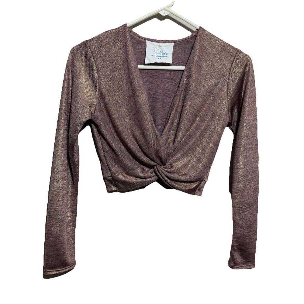 Blue Life Wmns Sz XS Pink Metallic Brigid V Crop Long Sleeve Top Blouse Holiday
